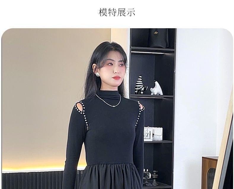 Long-Sleeve Mock Neck Cutout Plain Knit Midi A-Line Dress Product Image