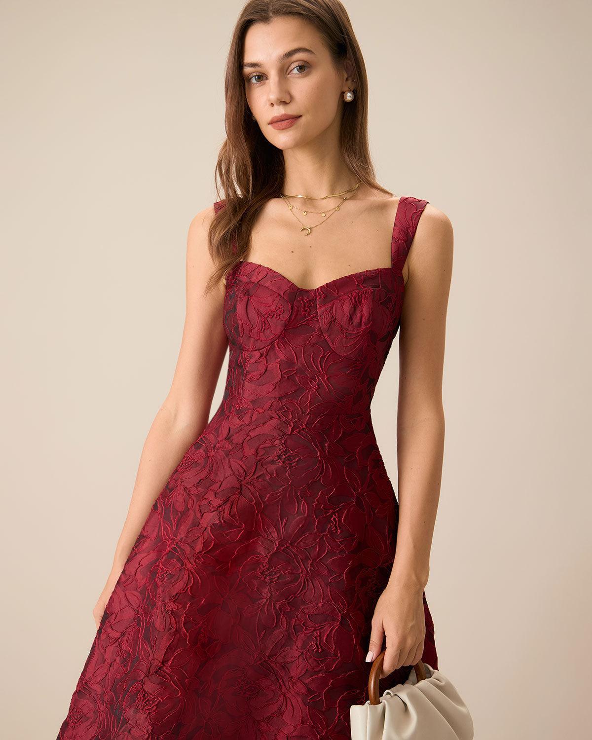 Green Sweetheart Neck Jacquard Midi Dress Product Image