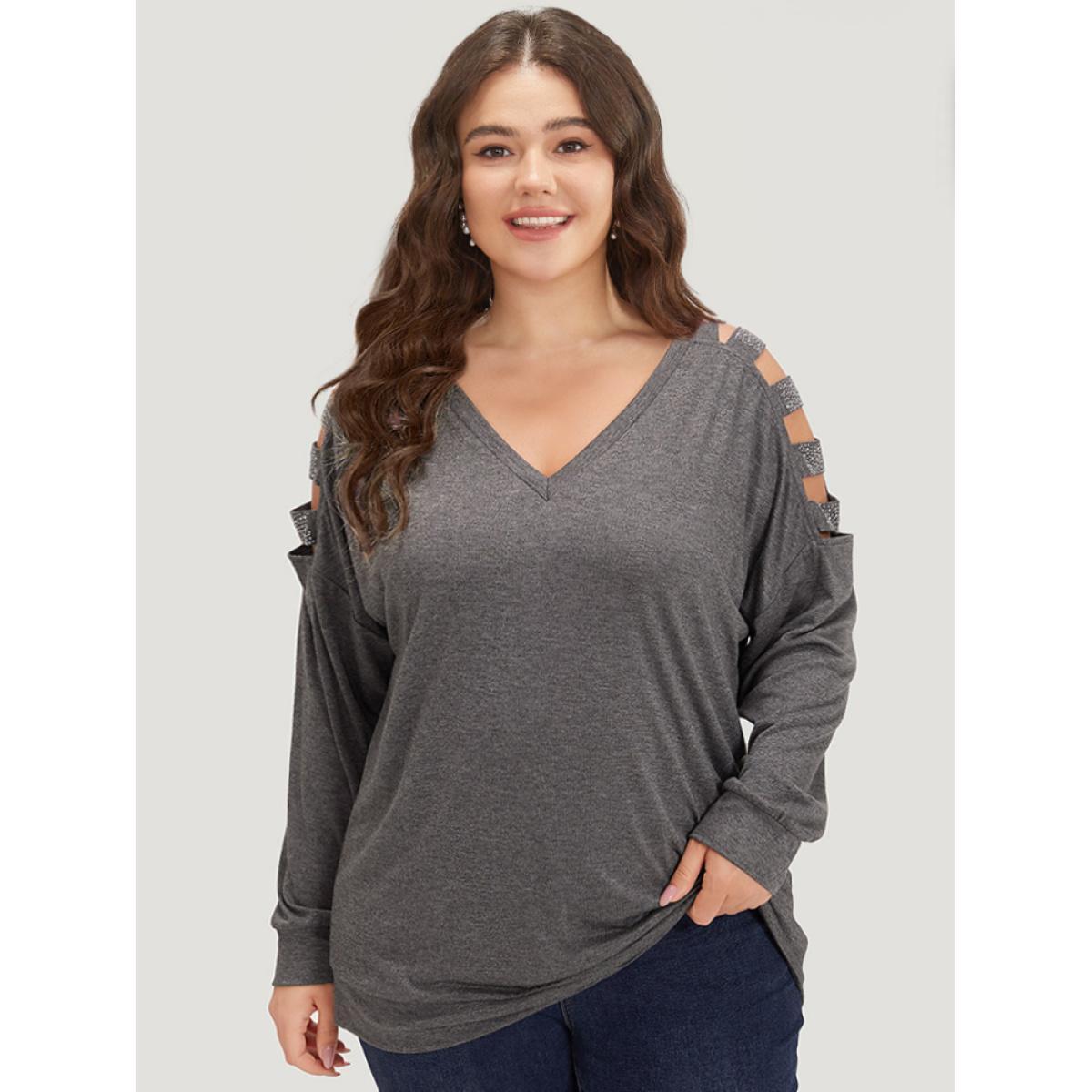 Plus Size Rhinestone Detail Hollow Out V Neck Long Sleeve T-shirt DimGray Women Casual Cut-Out Plain V-neck Dailywear T-shirts BloomChic 26/4X Product Image