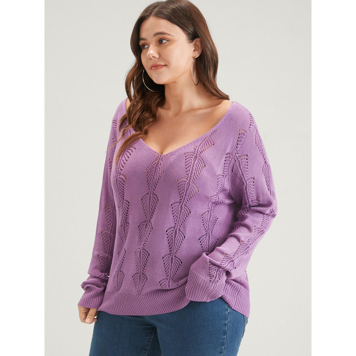 Plus Size Solid Pointelle Knit Deep V Neck Crochet Sweater RedViolet Women Elegant Long Sleeve Deep V-neck Dailywear Pullovers BloomChic 26/4X Product Image
