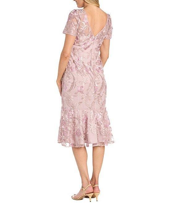 R & M Richards Short Sleeve Illusion Crew Neck Floral Embroidered Flounce Hem Sheath Dress Product Image
