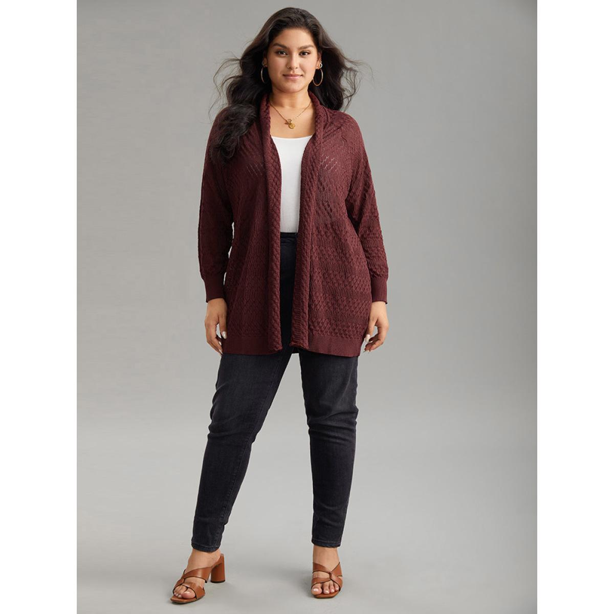 Plus Size Solid Geometric Hollow Out Cardigan Russet Women Casual Loose Long Sleeve Dailywear Cardigans BloomChic 26/4X Product Image