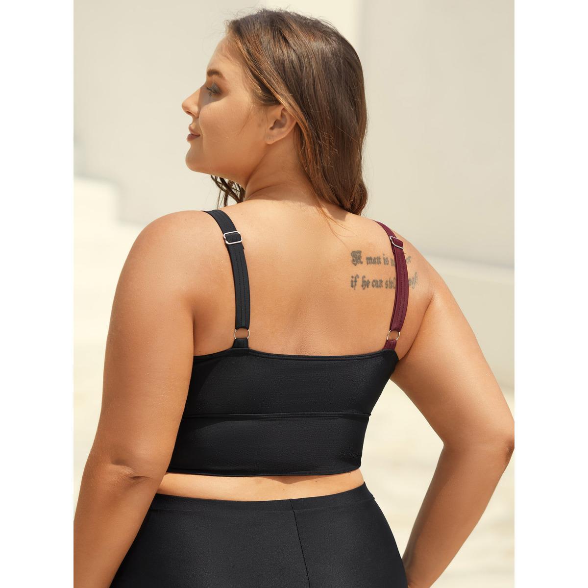 Plus Size Color Block Twist Front Ruched Swim Top Women's Swimwear Black Beach Gathered High stretch Skinny Overlap Collar Curve Swim Tops BloomChic 10/M Product Image