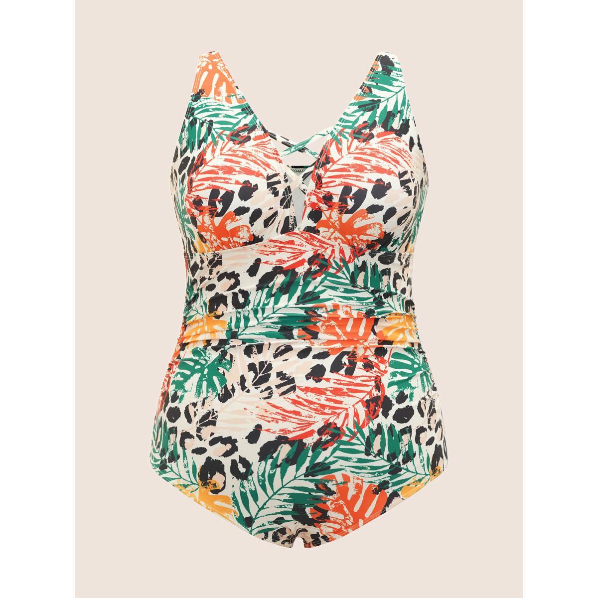 Plus Size Tropical Print Crisscross Keyhole One Piece Swimsuit Women's Swimwear Multicolor Beach Gathered Curve Bathing Suits High stretch One Pieces BloomChic 18-20/2X Product Image