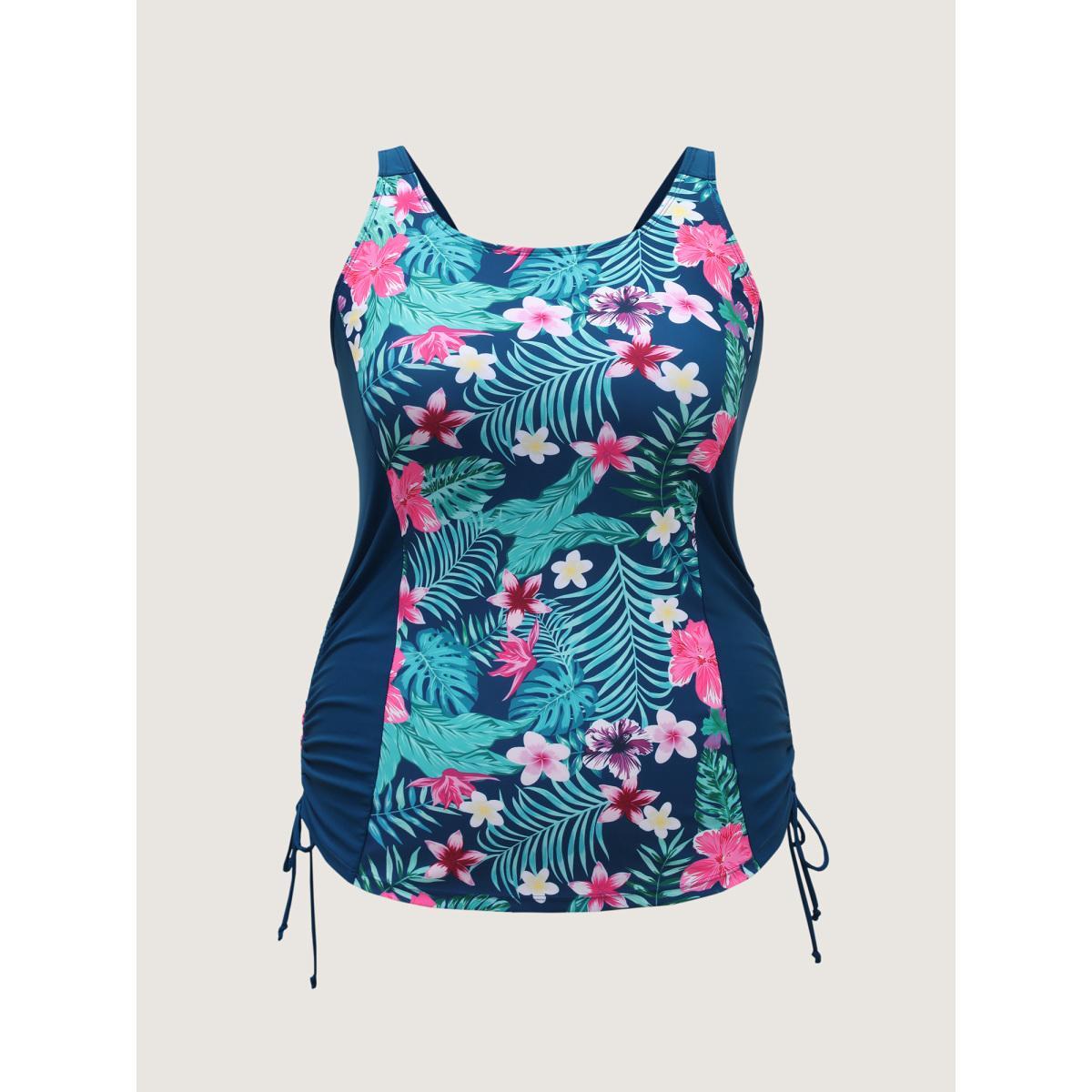 Plus Size Tropical Florals Side Drawstring Swim Top Women's Swimwear Aegean Beach High stretch Skinny U-neck Curve Swim Tops BloomChic 12/L Product Image
