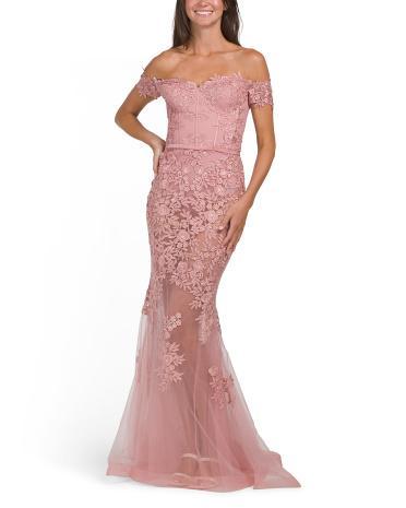 Off Shoulder Sheer Lace Detail Gown for Women | Polyester Product Image