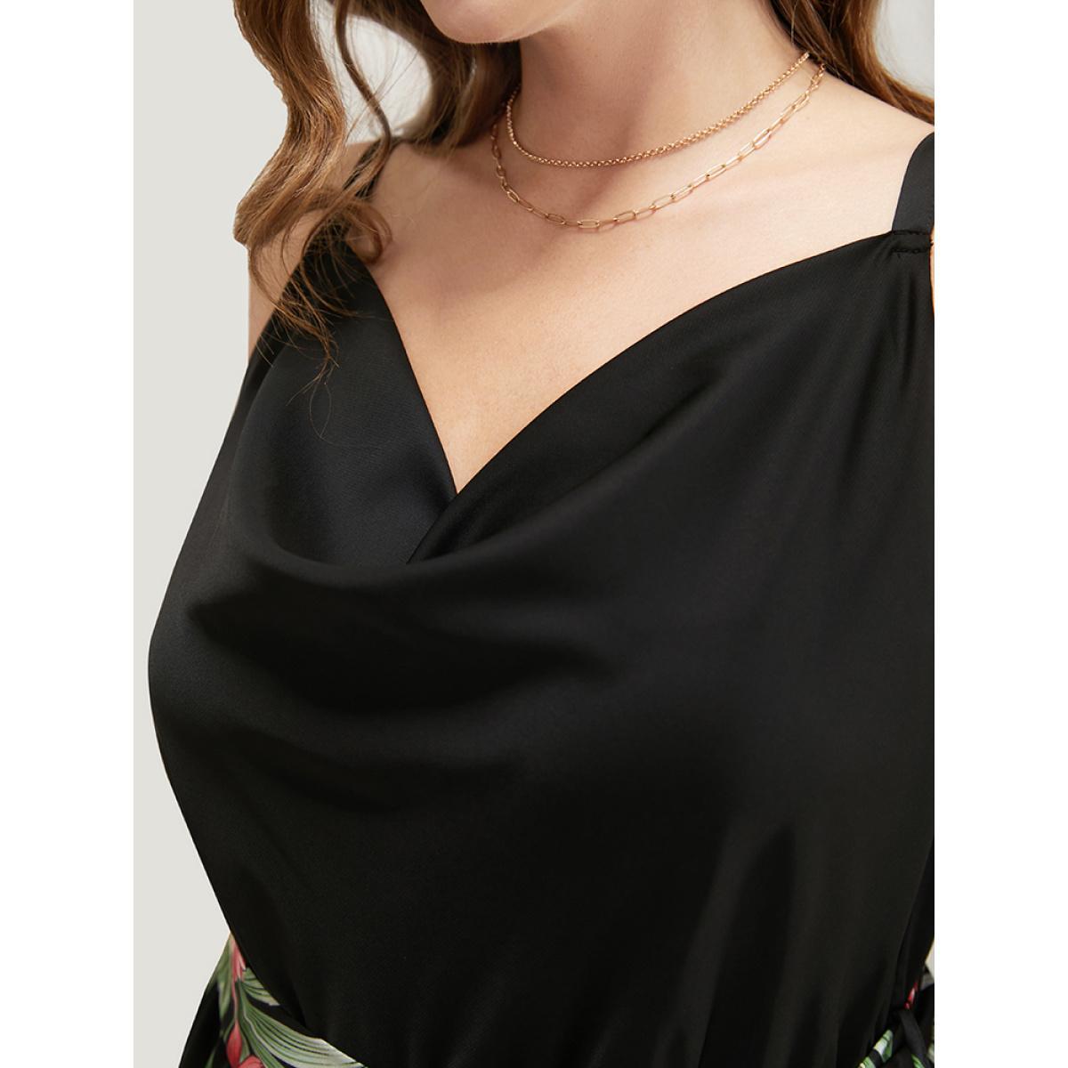 Plus Size Black Tropical Patchwork Cowl Neck Pocket Belted Cami Jumpsuit Women Vacation Sleeveless Cowl Neck Dailywear Loose Jumpsuits BloomChic 30/6X Product Image