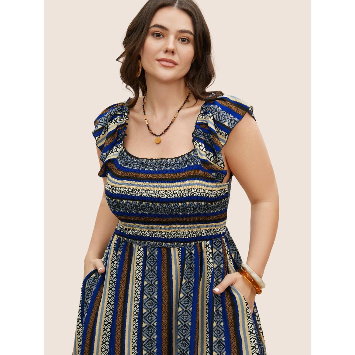 Plus Size Bandana Striped Shirred Ruffle Trim Dress Mediumblue Women Resort Shirred Square Neck Cap Sleeve Curvy BloomChic 28/5X Product Image