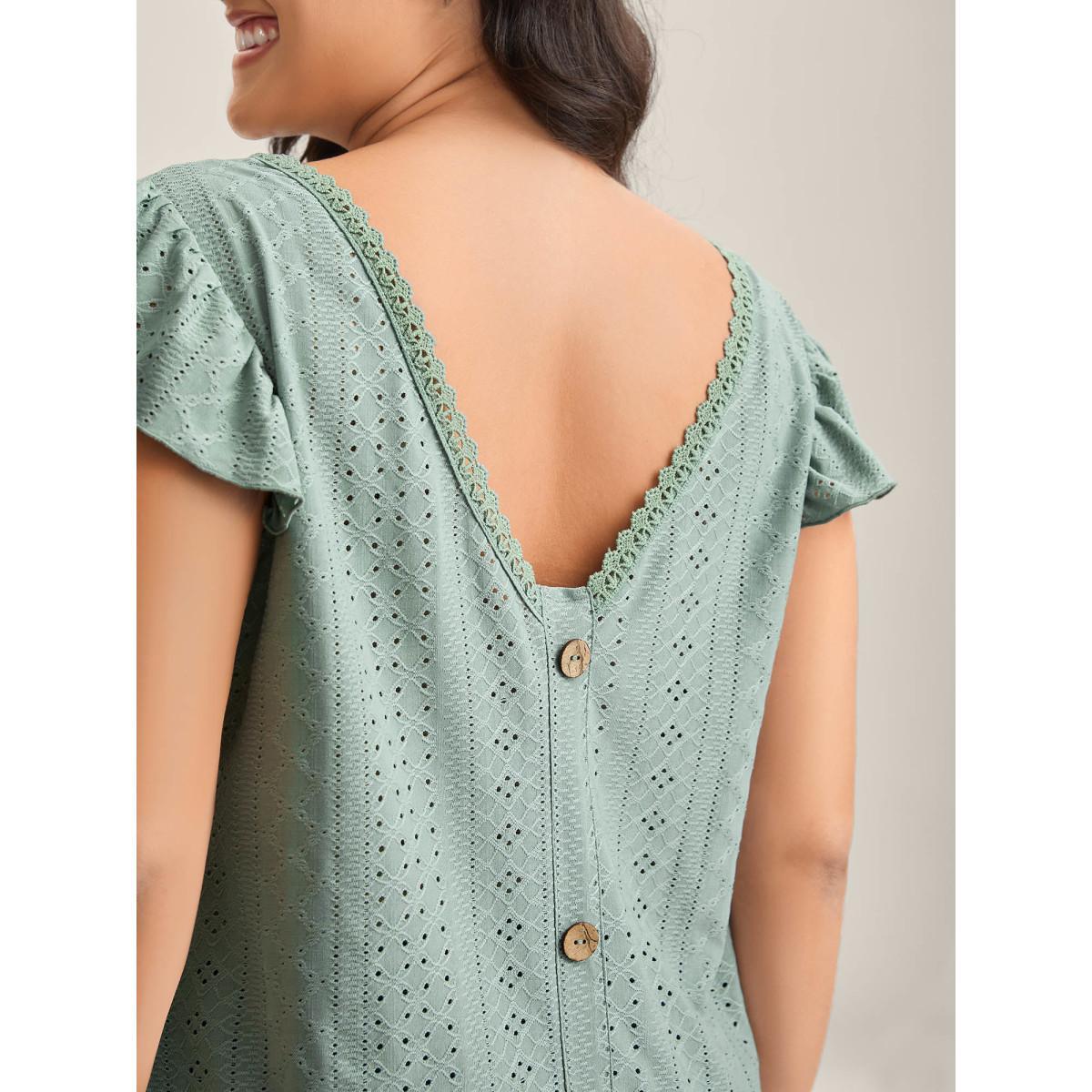 Plus Size Eyelet Trim Flutter Sleeve Backless T-Shirt Greenbean Women Woven ribbon&lace trim V-neck Everyday-Casual T-shirts BloomChic 12/L Product Image