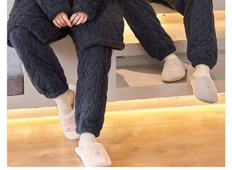Couple Matching Pajama Set: Cartoon Patterned Hood Coral Fleece Button Jacket + Straight Leg Pants Product Image