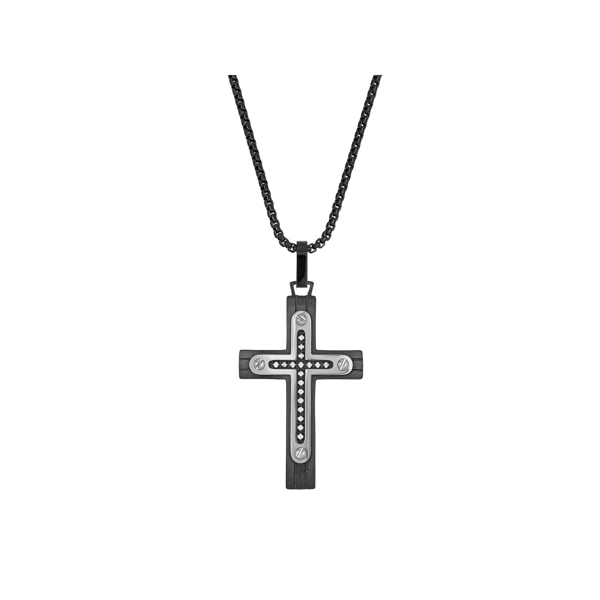 Men's LYNX Black Ion Plated Stainless Steel Cubic Zirconia Cross Pendant Necklace, Size: 24", Two Tone Product Image