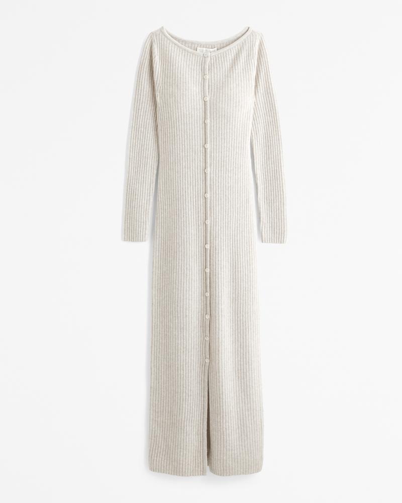 Long-Sleeve Button-Through Maxi Sweater Dress Product Image