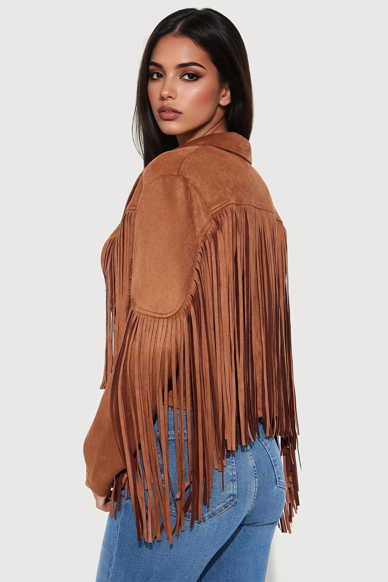 Sedona Faux Suede Fringe Jacket - Brown Product Image