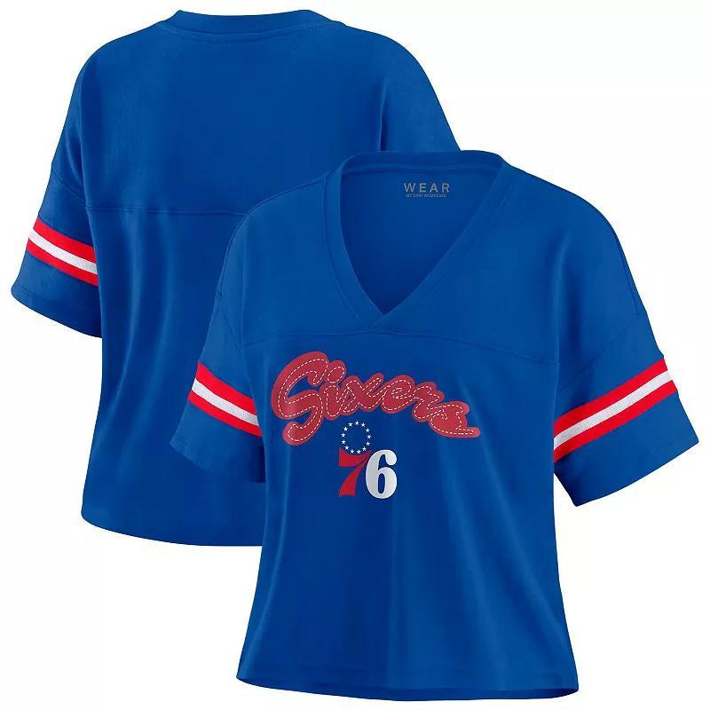 Women's WEAR by Erin Andrews Royal Los Angeles Rams Color Block Boxy Modest Crop V-Neck T-Shirt, Size: Large, Blue Product Image