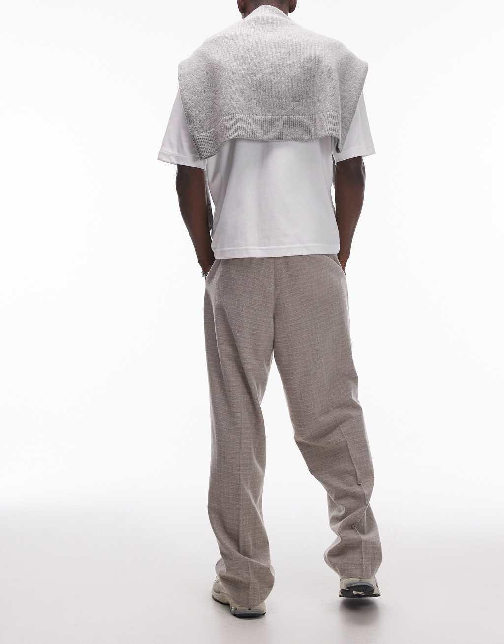 Topman wide leg textured suit pants in stone Product Image