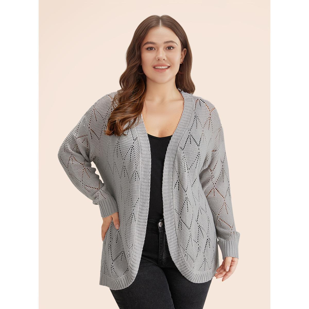 Plus Size Geometric Hollow Out Open Front Cardigan LightGray Women Casual Loose Long Sleeve Everyday Cardigans BloomChic 28/5X Product Image