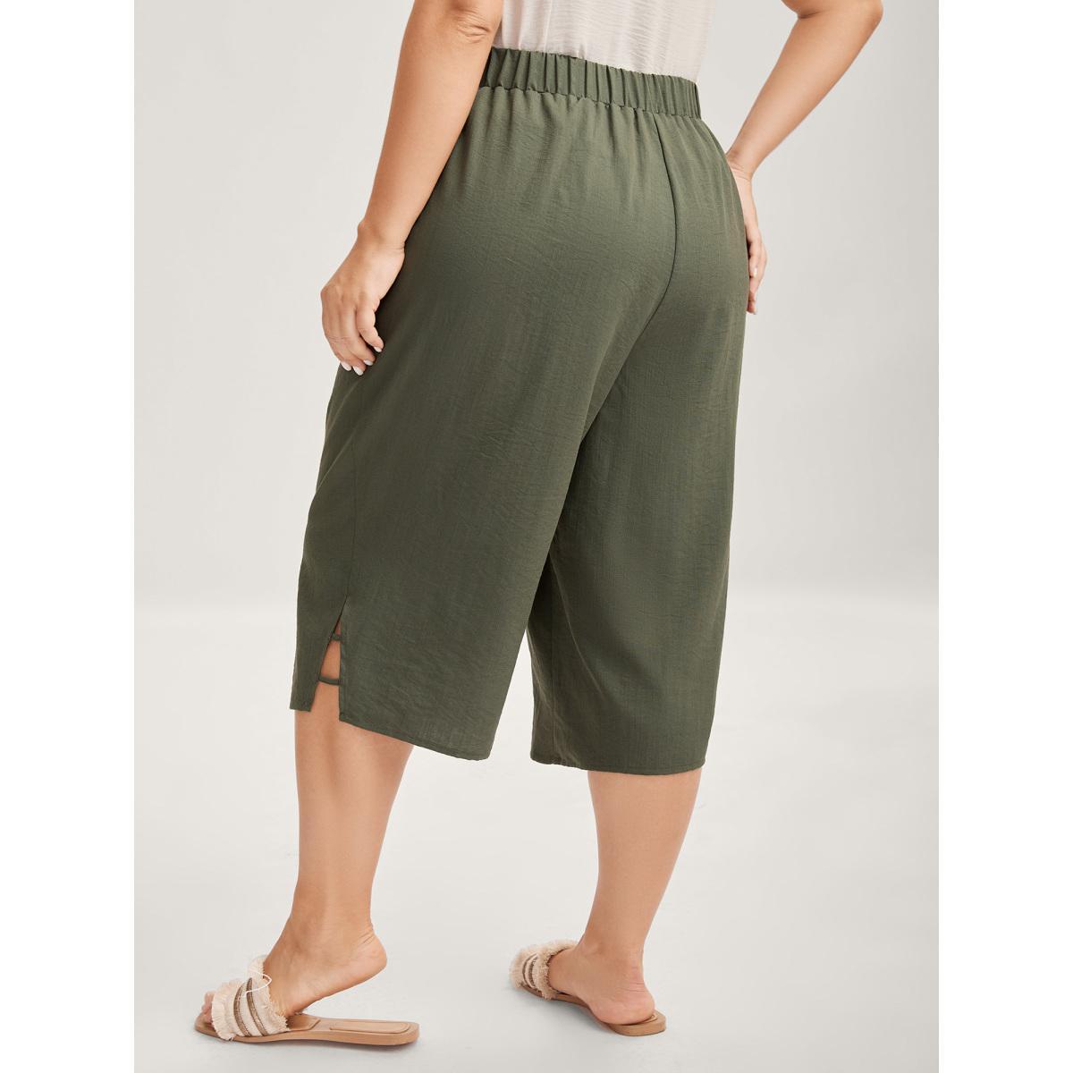 Plus Size Stretchy Waist Straight-Leg Capri Pants Women ArmyGreen Resort Straight Leg Mid Rise Vacation Pants BloomChic 22-24/3X Product Image