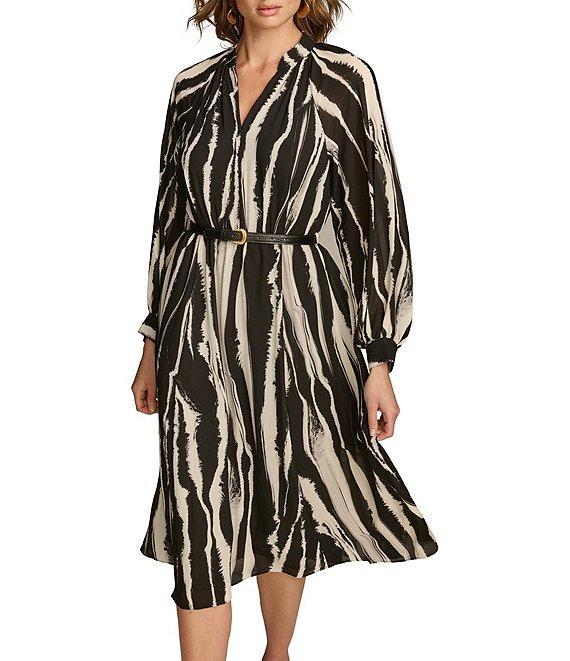 Donna Karan Printed Chiffon V-Neck Blouson Sleeve Belted A-Line Dress Product Image