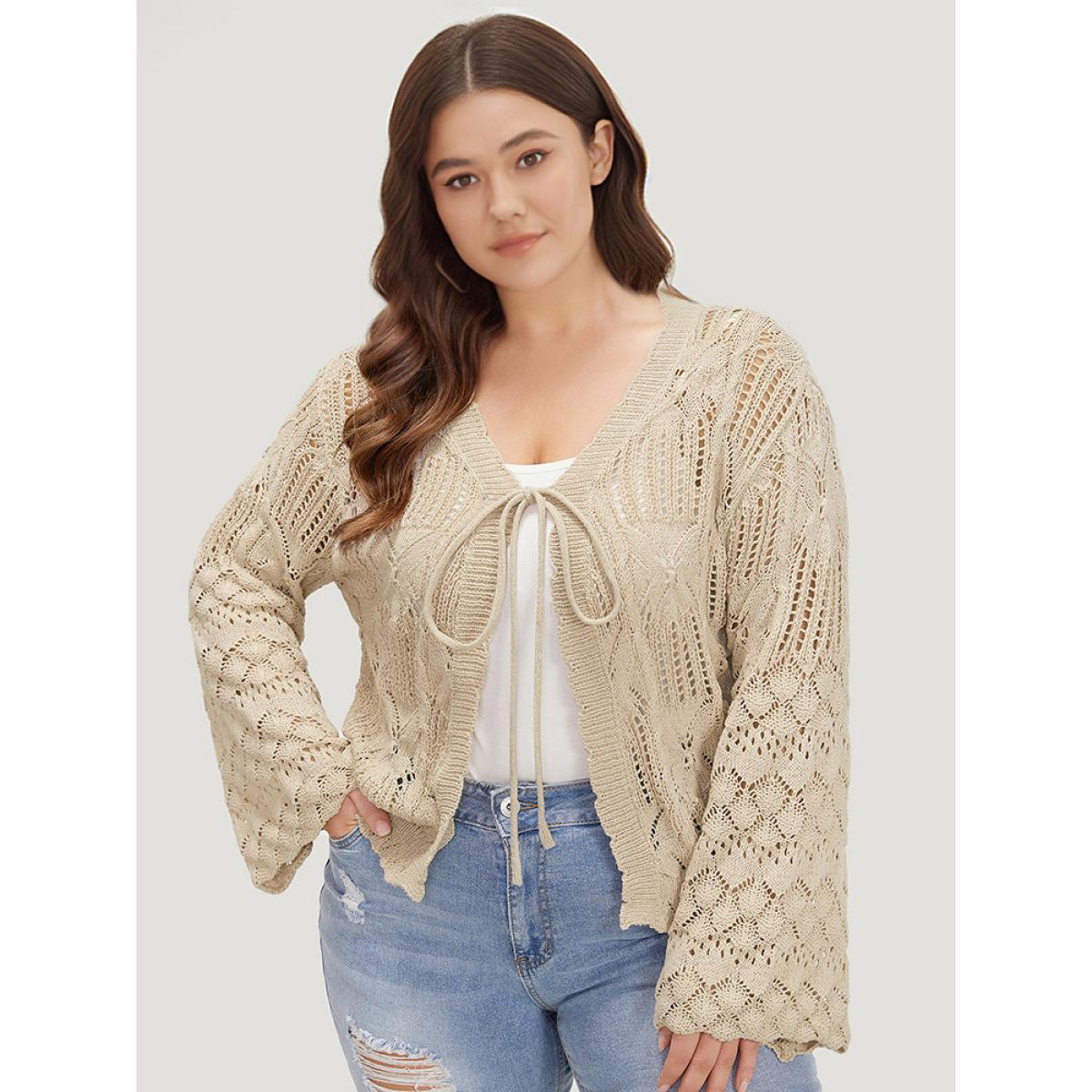Plus Size Hollow Out Bell Sleeve Tie Front Cardigan Tan Women Casual Long Sleeve Dailywear Cardigans BloomChic 28/5X Product Image