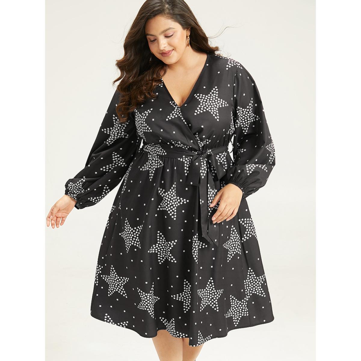 Plus Size Star Print Wrap Belted Lantern Sleeve Dress Black Women Casual Elastic cuffs V-neck Long Sleeve Curvy Midi Dress BloomChic 12/L Product Image