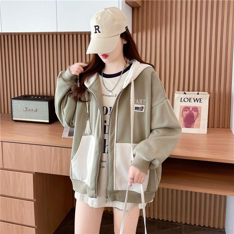 Two Tone Lettering Embroidered Zip-Up Hoodie Product Image