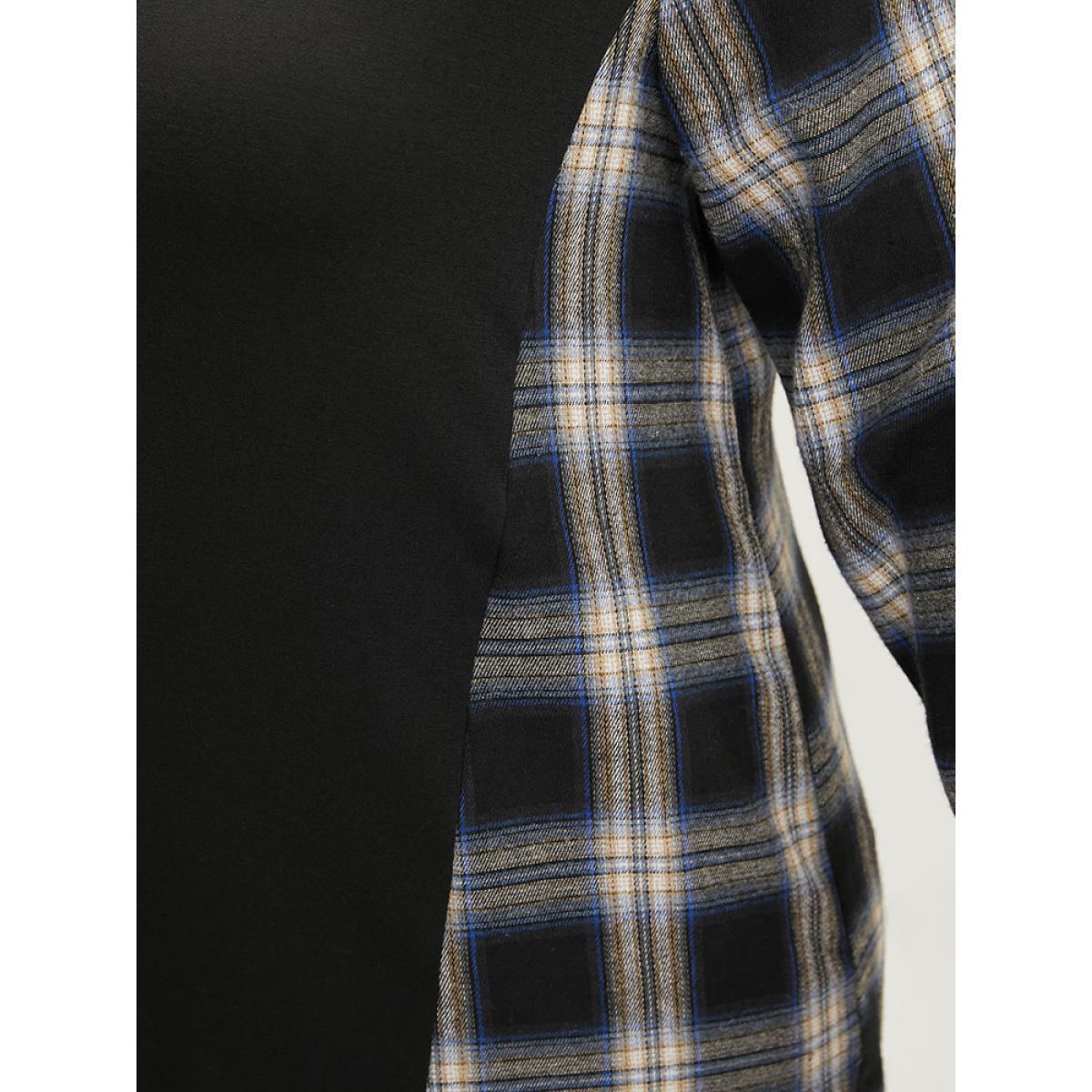 Plus Size Tartan Patchwork Button Detail Round Neck Sweatshirt Women Black Casual Contrast Round Neck Dailywear Sweatshirts BloomChic 14-16/1X Product Image