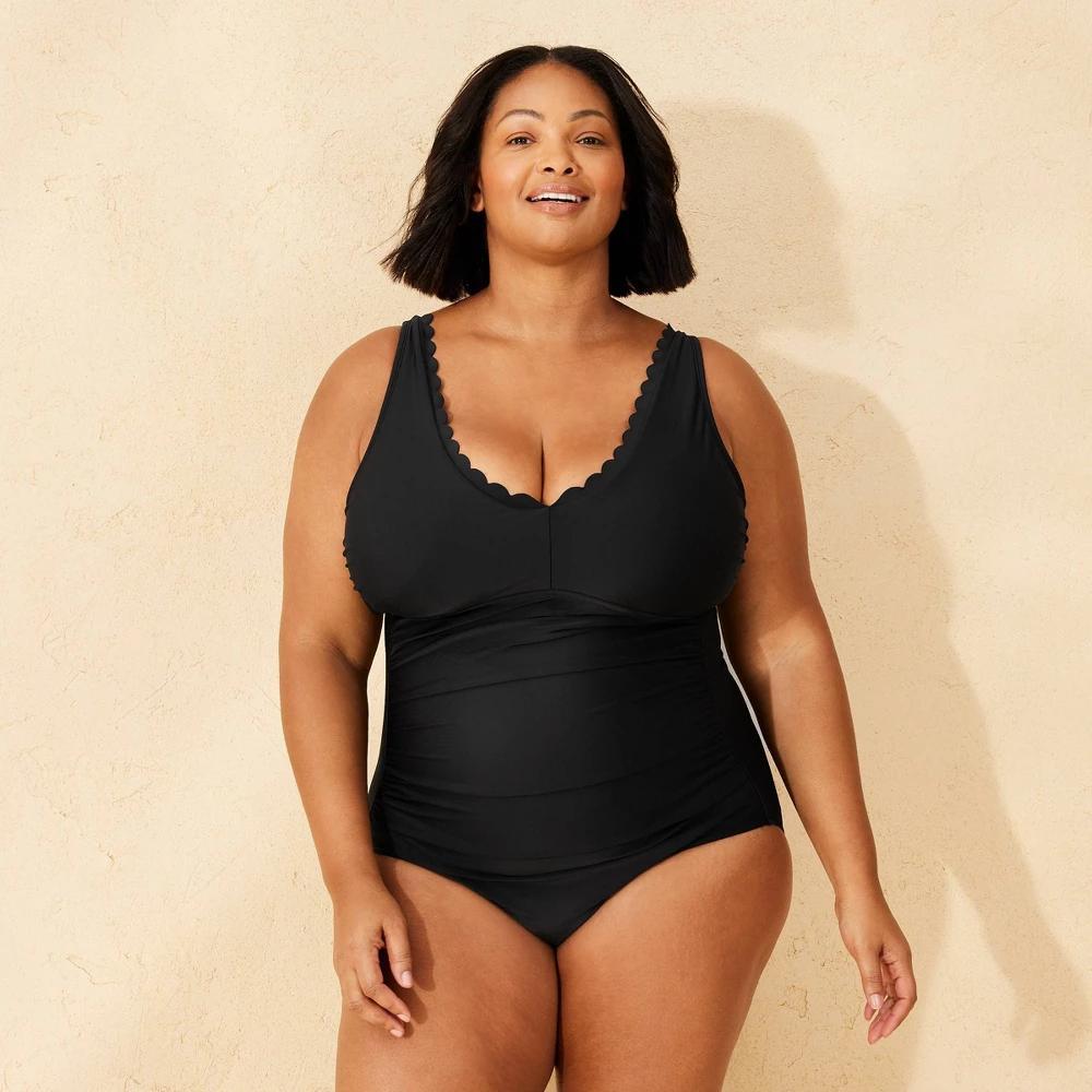 Womens Smoothing Shirred Scoopneck Full Coverage One Piece Swimsuit - Shade & Shore Black 16: Nylon Spandex Blend, Removable Cups Product Image