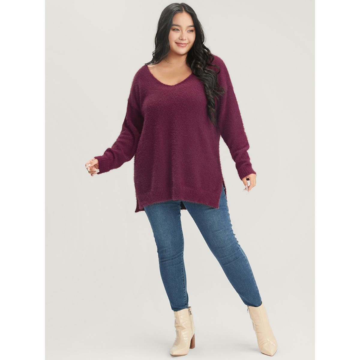 Plus Size Solid Super Soft Plush Knit Split Hem Heather Knit Top Eggplant Women Elegant Loose Long Sleeve Deep V-neck Dailywear Pullovers BloomChic 18-20/2X Product Image