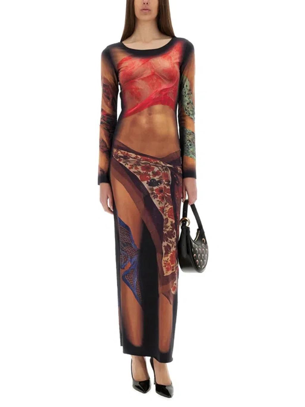 MARINE SERRE Multicolor Long Dress With All-over Graphic Print In Tech Fabric Woman In Beige Product Image