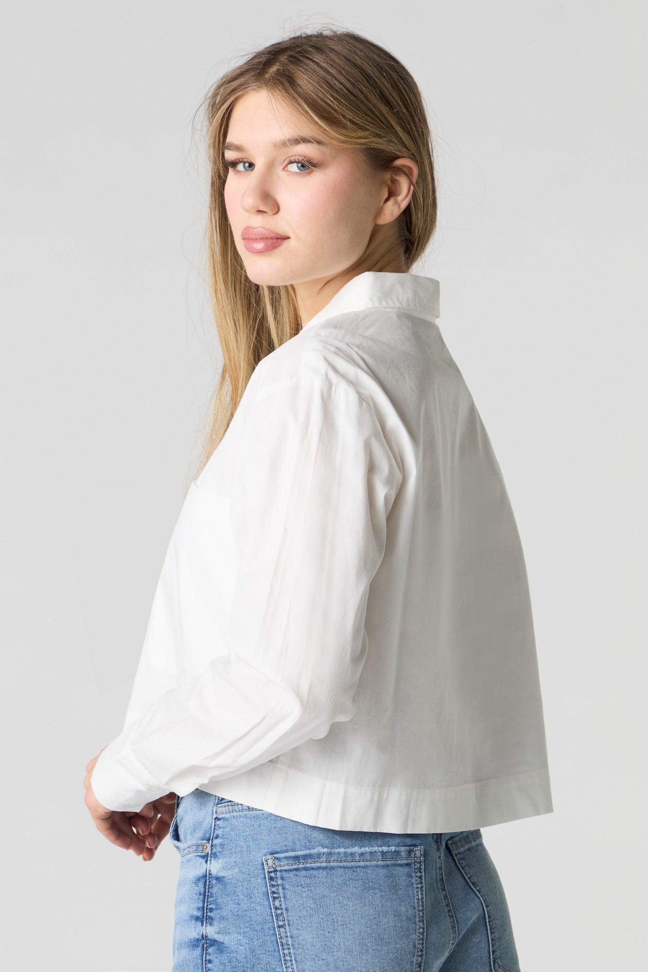 Poplin Cropped Button-Up Long Sleeve Top Female Product Image