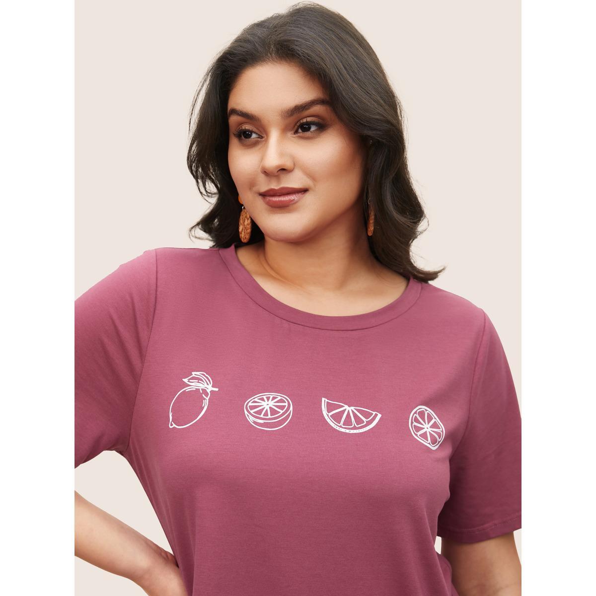 Plus Size Plain Lemon Print Crew Neck T-shirt DustyPink Women Resort Fruit Vacation T-shirts BloomChic 28/5X Product Image