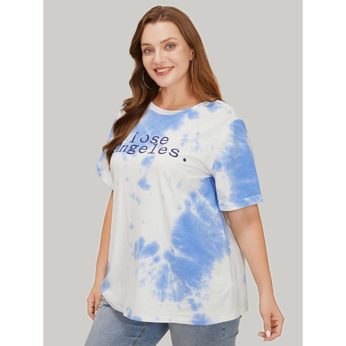 Plus Size Letter Print Short Sleeve Tie Dye T-shirt White Women Casual Art&design Dailywear T-shirts BloomChic 10/M Product Image