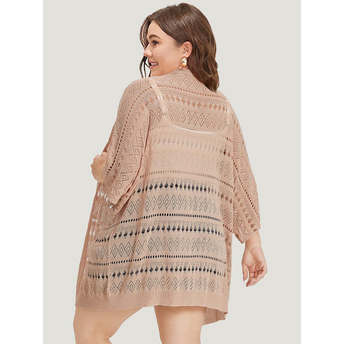 Plus Size Plain Geometric Eyelet Batwing Sleeve Open Front Cardigan Apricot Women Casual Short sleeve Everyday Cardigans BloomChic 12/L Product Image