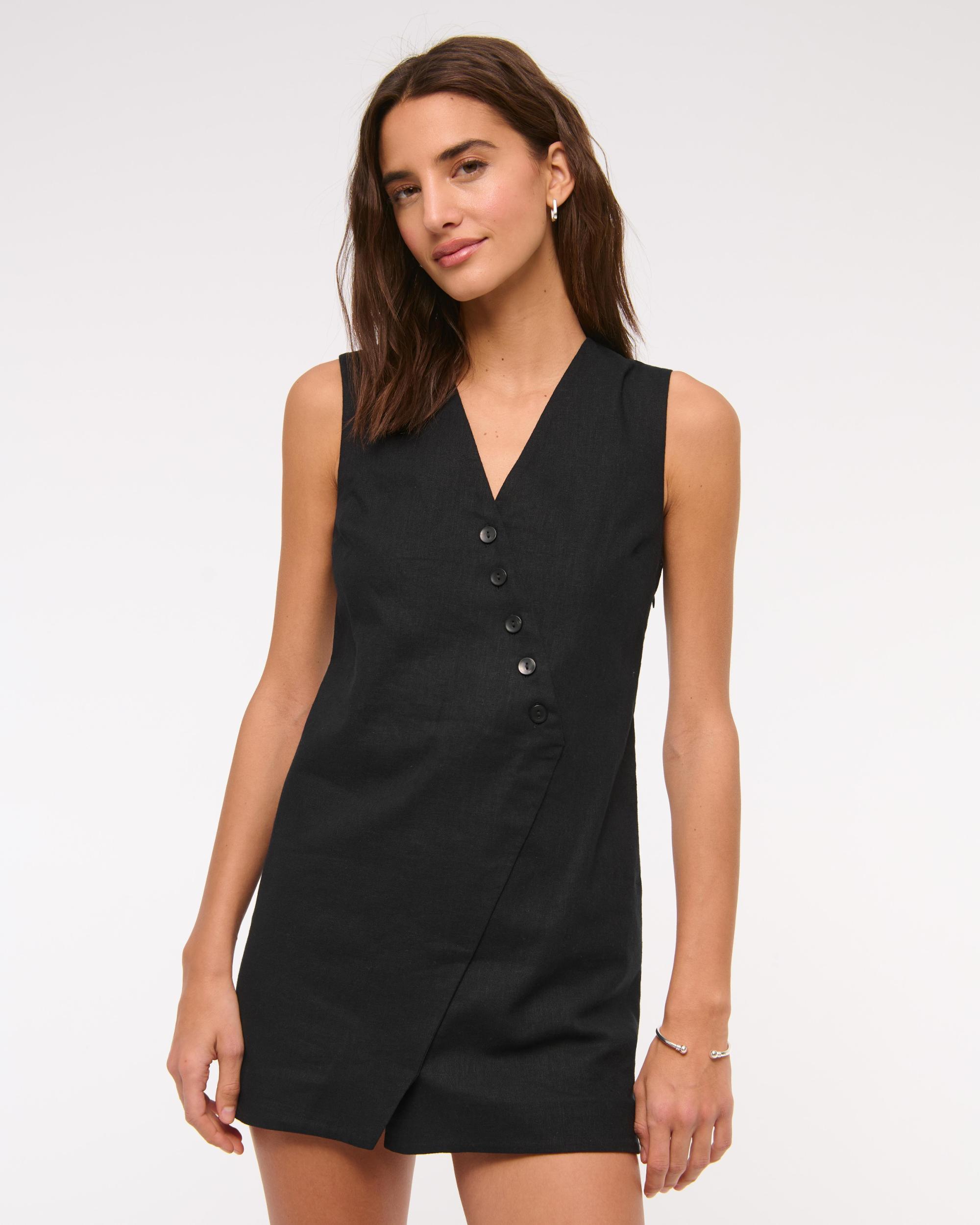 Linen-Blend V-Neck Button Mini Dress Product Image