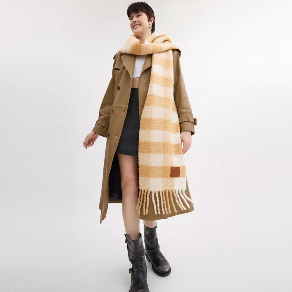 Oversized Plaid Muffler With Leather Patch Product Image