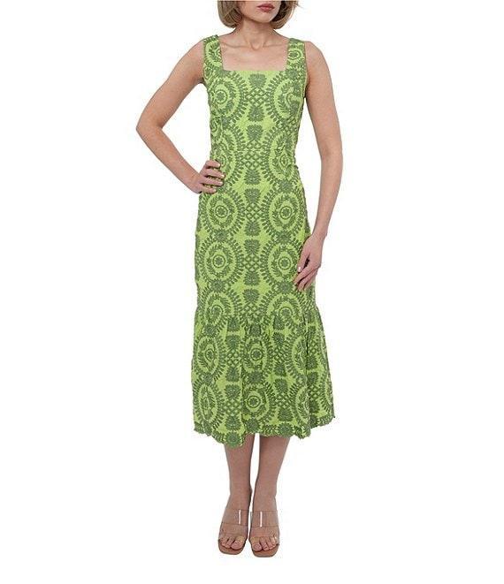 Adelyn Rae Rose Eyelet Embroidered Print Square Neck Sleeveless Fit and Flare Midi Dress Product Image