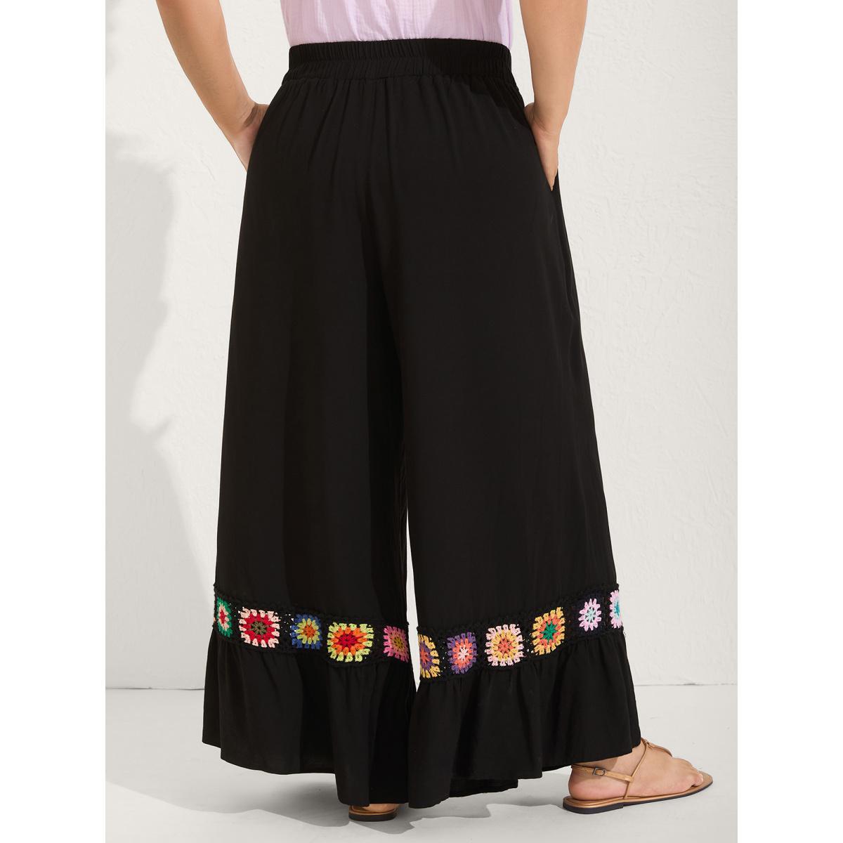 Plus Size Stretchy Waist Crochet Floral Wide-Leg Pants Women Black Beach Wide Leg Mid Rise Vacation Pants BloomChic 22-24/3X Product Image