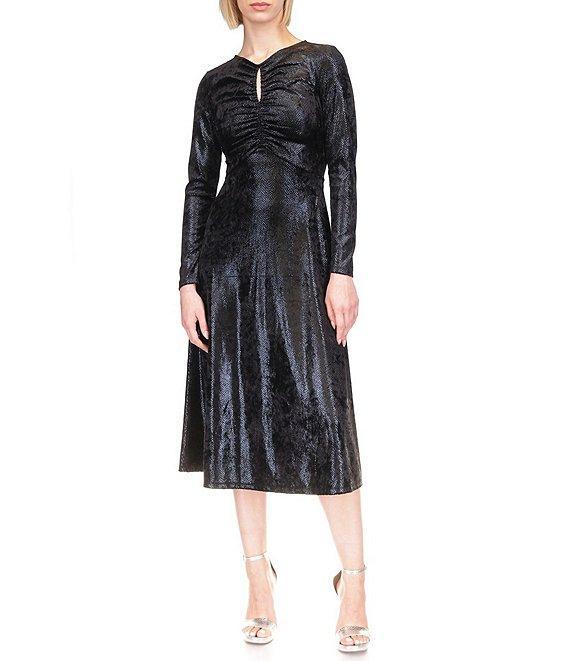 Michael Kors Foil-Printed Velvet Keyhole Crew Neck Long Sleeve Ruched A-Line Midi Dress Product Image