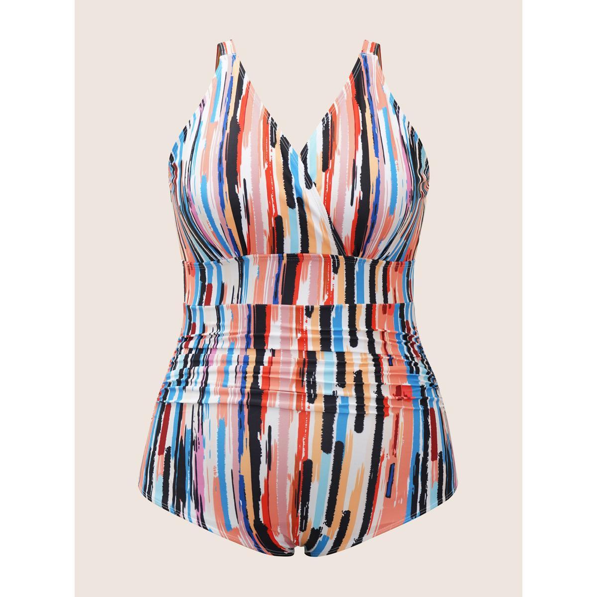 Plus Size Brush Print Wrap Ruched One Piece Swimsuit Women's Swimwear Multicolor Beach Contrast Curve Bathing Suits High stretch One Pieces BloomChic 10/M Product Image