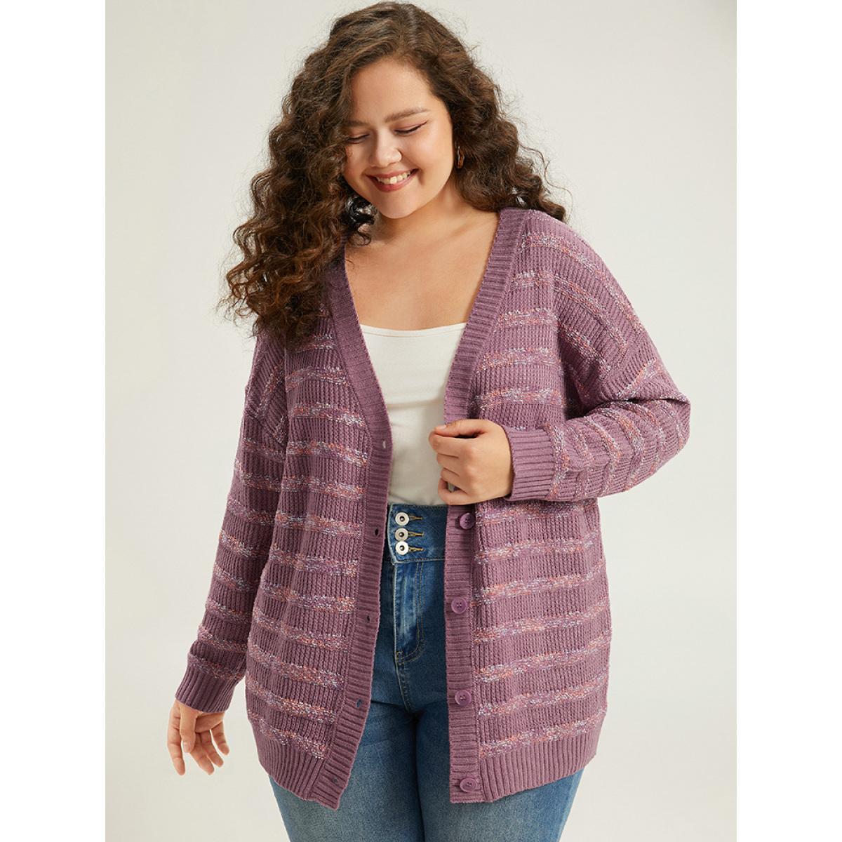 Plus Size Contrast Drop Shoulder Button Through Cardigan Mauve Women Casual Loose Long Sleeve Dailywear Cardigans BloomChic 18-20/2X Product Image