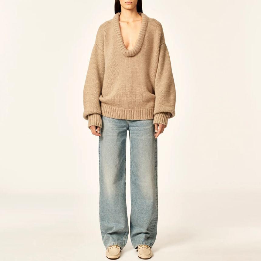 V-Neck Plain Oversized Sweater Product Image