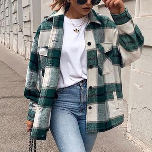 Shacket Vintage Pockets Over-sized Plaid Jacket Product Image