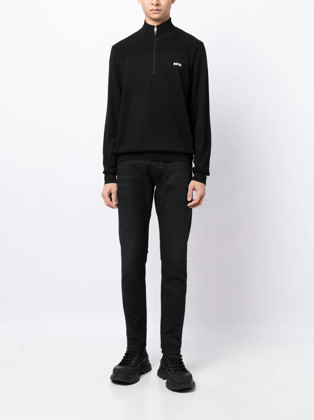 HUGO BOSS Cotton-blend Zip-neck Sweater With Logo Print In Black Product Image