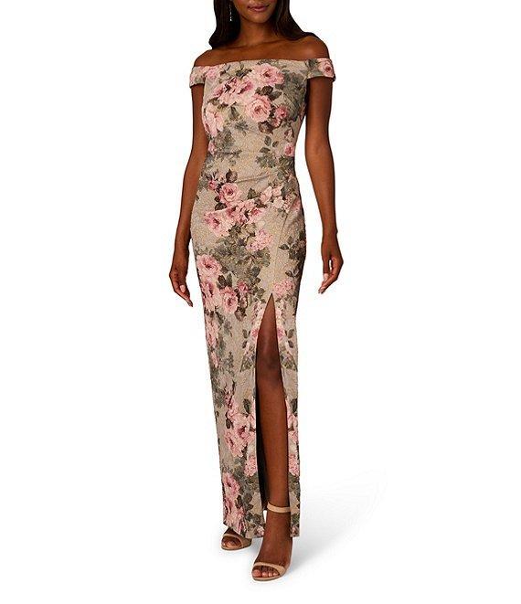 Adrianna Papell Floral Jacquard Off-The-Shoulder Cap Sleeve Front Slit Hem Column Dress Product Image