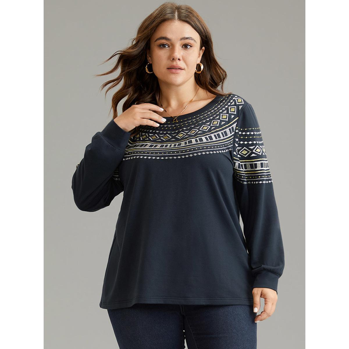 Plus Size Bandana Embroidered Crew Neck Elastic Cuffs Sweatshirt Women DimGray Casual Embroidered Round Neck Dailywear Sweatshirts BloomChic 30/6X Product Image