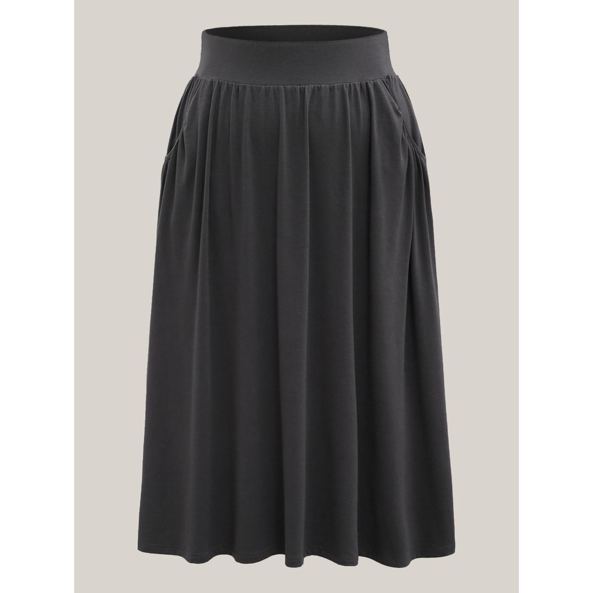 Plus Size Supersoft Wide Waistband Pleated Plain Midi Skirt Women DimGray Elegant Gathered Medium stretch Slanted pocket Everyday Skirts BloomChic 30/6X Product Image
