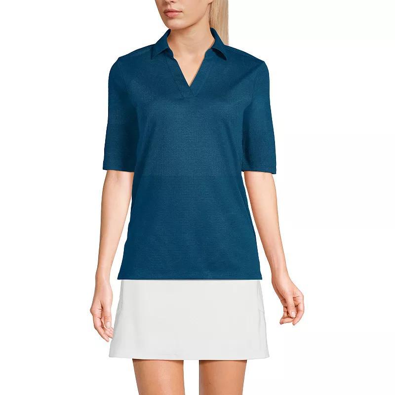Women's Lands' End Performance Elbow Sleeve Pique Polo Top, Size: Medium, Black Product Image