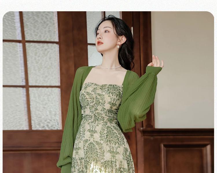 Set: Spaghetti Strap Print Maxi A-Line Sundress + Open Front Cardigan Product Image