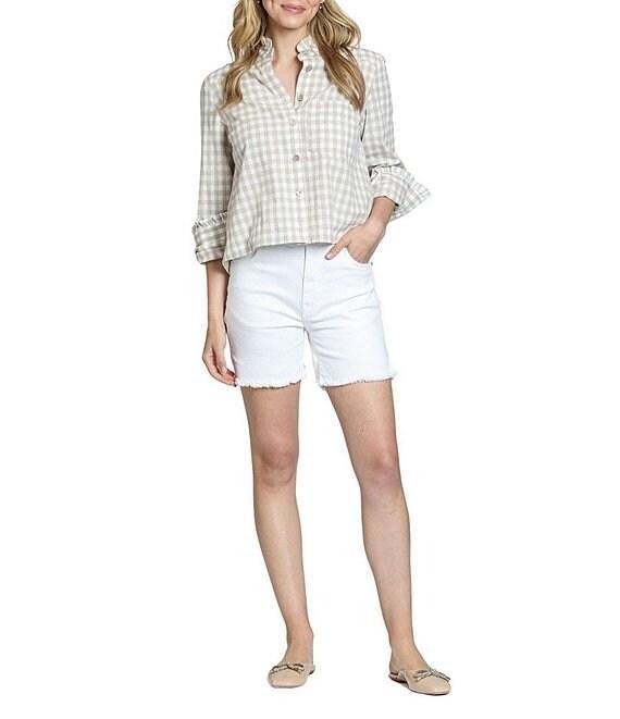 APNY Spread Collar Long Sleeve Woven Checked Cropped Shirt Product Image