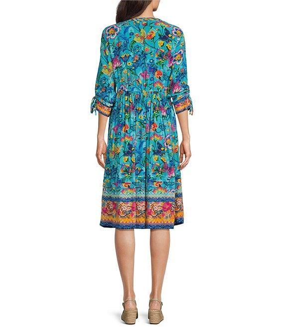 John Mark Woven Embroidered Mix Print Y-Neck 3/4 Cinched Tie Sleeve Midi Dress Product Image